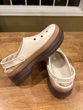 CROCS Women's Cream Platform Clogs with Tan and Brown Midsole